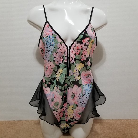 Victoria's Secret teddy Large floral print ruffle trim snap crotch VINTAGE - Picture 1 of 13